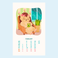 Calendar for 2023 with cute Hedgehog. Hedgehog drink cocoa in a cozy chair. Pets. Furry friends. Calendar for February in cartoon style. Vector illustration.