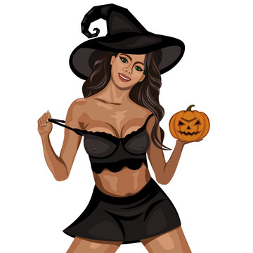 Halloween witch holding carved pumpkin. Beautiful young woman in sexy clothes and witch hat. Vector art, isolated on white. 