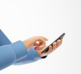 Cartoon character hands blue shirt holding black smartphone isolated over white background. Online application service concept.
