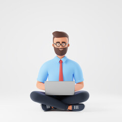 Cartoon bearded character businessman glasses blue shirt seat lotus yoga pose work laptop isolated over white background.