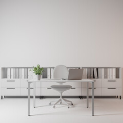 Workplace table chair laptop cabinet at white minimalist office interior. Simple scandinavian interior.