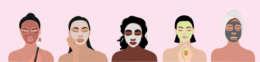Set of beautiful women with facial masks against light background
