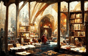 A library in a medieval castle.