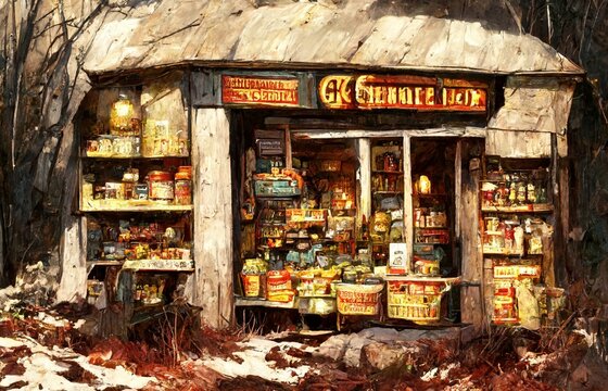 Clip Art Of An Old General Store In The Countryside.