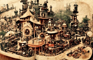 A corner of a steampunk city flourished by gears and the above.