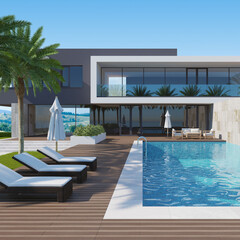 Modern villa with swimming pool. Architecture concept for Real estate. 3d illustration