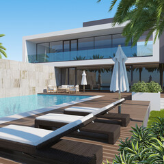 Modern villa with swimming pool. Architecture concept for Real estate. 3d illustration
