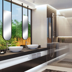 Modern and Luxurious bathroom in apartment with natural stone tiles and garden. 3d illustration