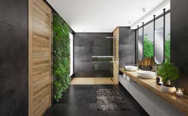 Modern and Luxurious bathroom in apartment with natural stone tiles and garden. 3d illustration