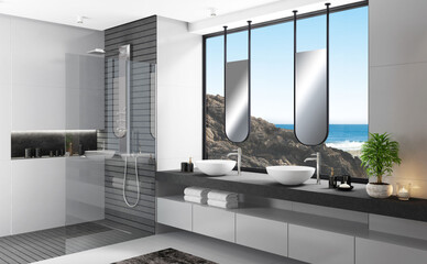 Modern and Luxurious bathroom in apartment with natural stone tiles and garden. 3d illustration