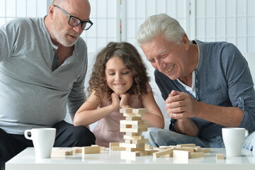 Two senior men sitting at table and playing with wooden blocks with granddaughter