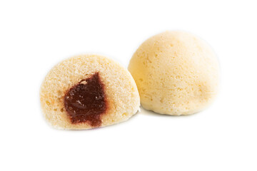 Japanese rice sweet buns mochi filled with jam isolated on white. side view.