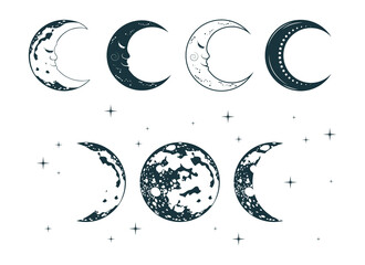 Celestial moons mystical collection. Boho esoteric objects isolated set. 
Hand drawn vector illustration for astrology, zodiac, tarot design and tattoo. - obrazy, fototapety, plakaty