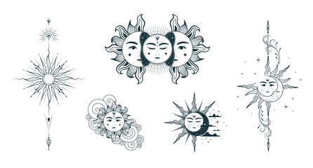 Celestial collection  of sun and moon with faces. Mystical elements for esoteric design, zodiac, witchcraft, tarot cards, astrology and tattoo. Hand drawn illustration in boho style.