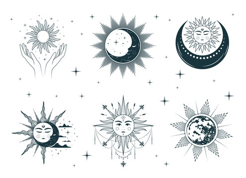 Celestial sun and moon collection. Isolated set of 6 esoteric objects. Hand drawn vector illustration in boho style for mystical design, tarot cards, tattoo and stickers.