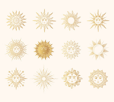 Golden set of 12 celestial sun images. Mystical design  elements for esoteric, tarot cards, tattoo, stickers and witchcraft. Vector bohemian collection of illustrations isolated on white background.