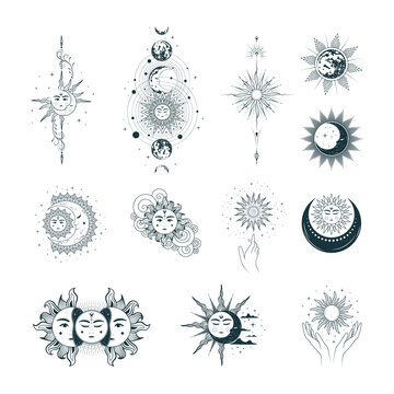 Celestial sun and moon collection. Isolated set of 12 esoteric objects. Hand drawn vector illustration in boho style for mystical design, tarot cards, tattoo and stickers.