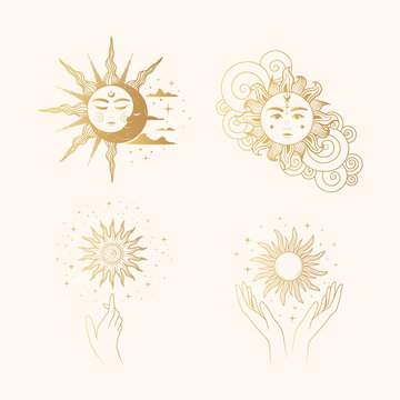 Celestial sun and moon golden collection. Isolated set of 4 esoteric objects. Hand drawn vector illustration in boho style for mystical design, tarot cards and stickers.