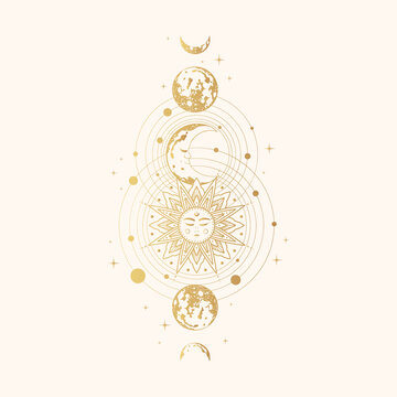 Golden mystical sun, moon and planets.  Hand drawn illustration isolated on white, engraving stylization. Esoteric design for astrology, tarot cards, witchcraft  and stickers.