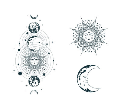 Celestial sun, moon and planets collection. Set of three mystical vector illustrations in boho style for esoteric design, tattoo, tarot cards and witchcraft isolated on white.