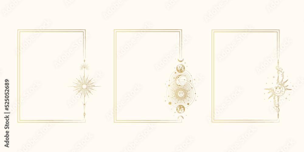 Wall mural set of three golden celestial frames with sun, moon and planets. vintage background for tarot card, 