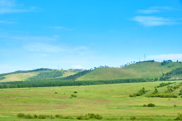 Fototapeta na wymiar Green meadows of the Trans-Baikal Territory in Russia against a blue sky with clouds.