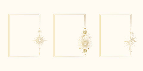 Set of three golden celestial frames with sun, moon and planets. Vintage background for tarot card, astrology, natal chart and horoscope, greeting card  in boho design. 