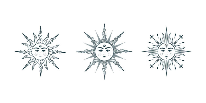Celestial  collection of suns with faces. Isolated set of 3  vector esoteric objects, engraving stylization. Hand drawn illustration in boho style for mystical design, tattoo, tarot cards and stickers