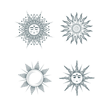 Four celestial suns. Mystical design  elements for esoteric, tattoo, tarot cards and witchcraft. Hand drawn set of vector bohemian illustrations isolated on white background.