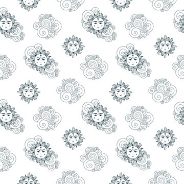 Mystical sun seamless pattern. Contemporary vector illustration in boho style for background and wall decor. Trendy texture for print, wrapping and textile.