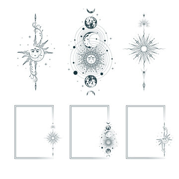 Set of celestial frames, sun, moon and planets. Vintage background for tarot card, astrology, stickers and horoscope, greeting card  in boho design. Vector illustration isolated on white.