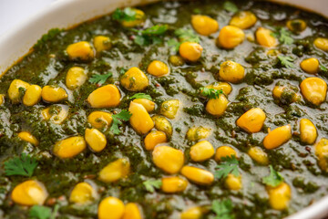 Palak sweet corn sabzi also known as Spinach Makai curry sabji, north Indian main course menu