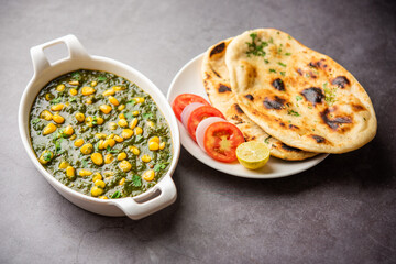 Palak sweet corn sabzi also known as Spinach Makai curry sabji, north Indian main course menu