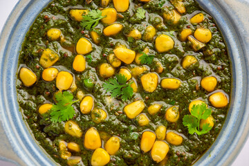 Palak sweet corn sabzi also known as Spinach Makai curry sabji, north Indian main course menu