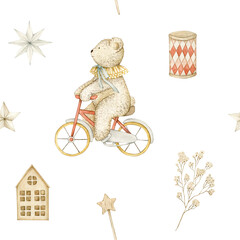 Watercolor seamless pattern with bear on bicycle, stars and toy house. Isolated on white background. Hand drawn clipart. Perfect for card, fabric, tags, invitation, printing, wrapping.