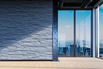 large office with blank stone wall and copy space in front of panoramic window skyline view, 3D Illustration
