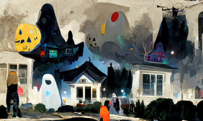 Abstract scary ghost house with Haloween decorations. Trick or treat night. - obrazy, fototapety, plakaty