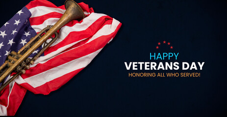 Happy Veterans Day - banner with trumpet and United States Flag