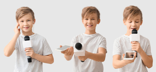 Set of little journalist with microphone on light background