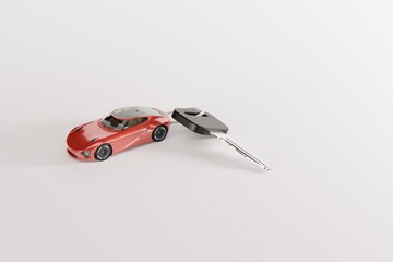A key with a car key ring attached. Concept of car keys, driving a car. 3d render, 3d illustration.