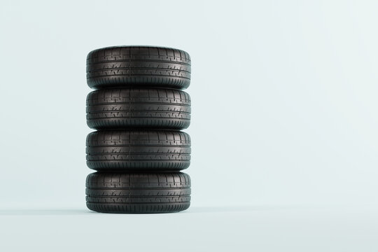 Tires on a light background. Tire change concept, vulcanization. Seasonal wheel change. 3d render, 3d illustration.