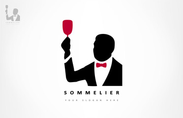 sommelier - man with wine glass logo - obrazy, fototapety, plakaty