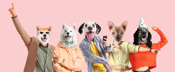 Group of funny cat and dogs with human bodies on pink background