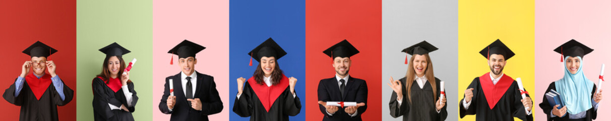 Collage of graduating students on color background