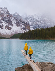  Lake moraine during a cold snowy day in Autumn in Canada, Beautiful turquoise waters of the...