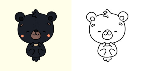 Kawaii Black Bear Clipart Multicolored and Black and White. Cute Kawaii Black Bear. Vector Illustration of a Kawaii Animal for Stickers, Prints for Clothes, Baby Shower, Coloring Pages.
