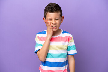 Little boy isolated on purple background with toothache