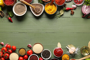 Composition with fresh aromatic spices on color wooden background