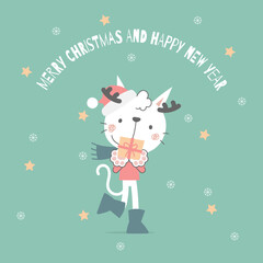 merry christmas and happy new year with cute white cat and gift box present in the winter season green background, flat vector illustration cartoon character costume design