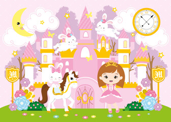 Obraz na płótnie Canvas pink castle and cute little princess